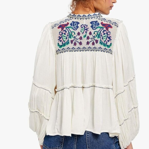 Free People Womens Embroidered Bishop Sleeves Blouse Size XL - Picture 2 of 7
